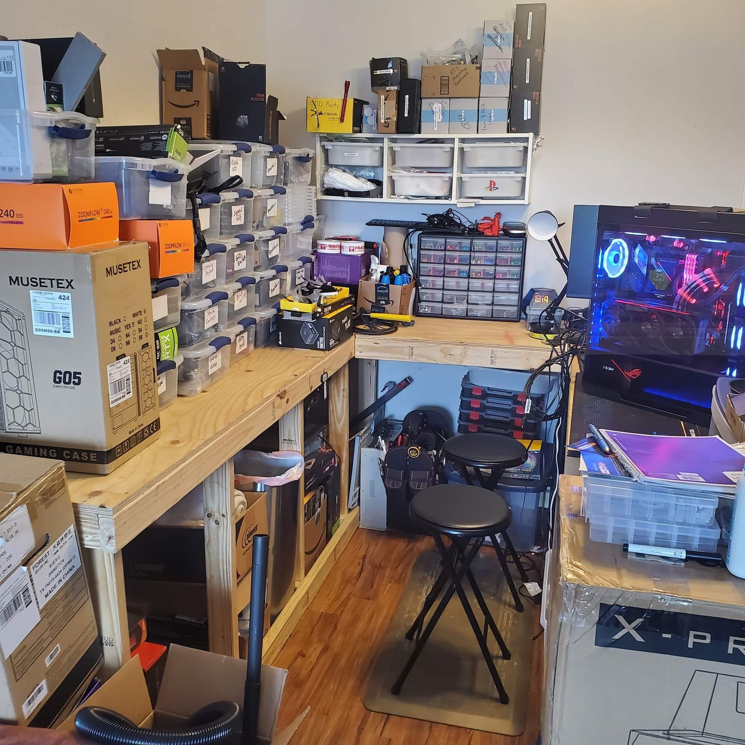 A photo capturing the essence of the early workspace - the transformation from a kitchen to a professional PC building service.
